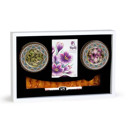 پک هدیه ترنج بهرنگ ( پک هدیه زعفران، گل محمدی، هل و نبات )